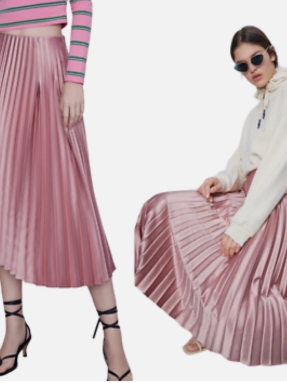 Zara Pleated Satin Midi Skirt - Rose Pink - Picture 2 of 2